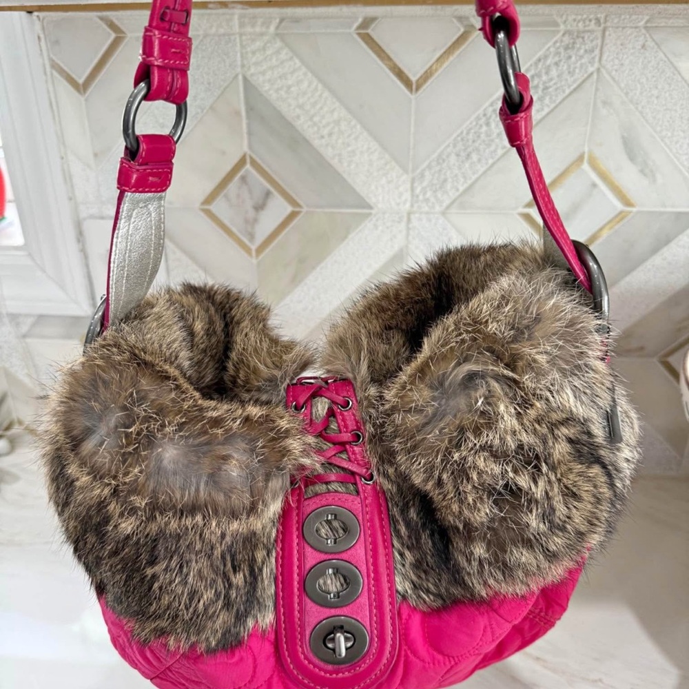 Coach pink fur trim shoulder bag